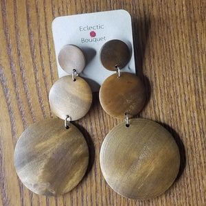 MEDIUM BROWN WOOD THREE PART DISK EARRINGS
